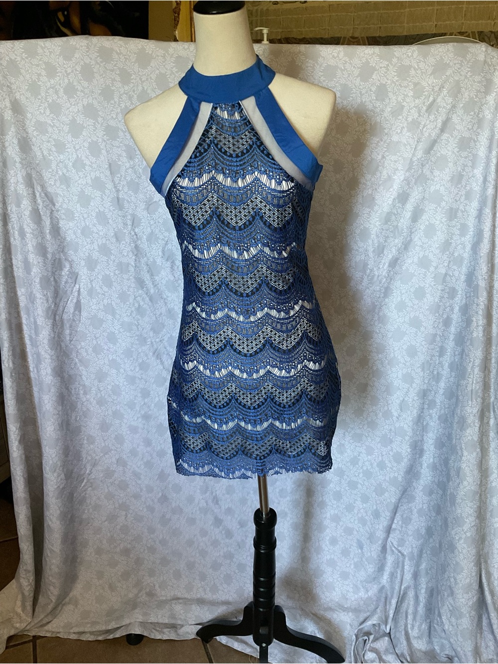 Blue Lace Halter-Top Mini Dress